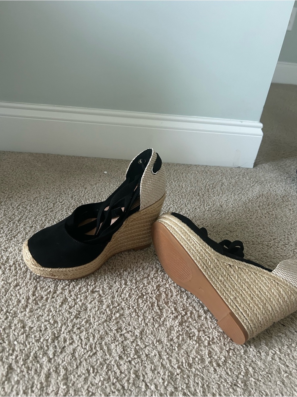 Black Espadrille Wedge Lace-Up Heels